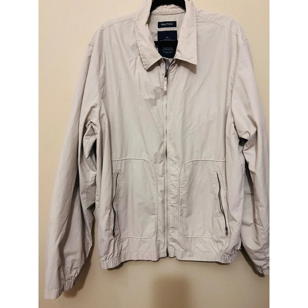 Nautica Harrington Jacket Mens XL Beige Good Zip Up Cotton Blend Windbreaker